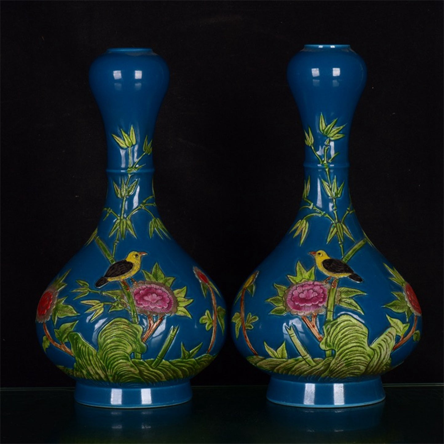 Chinese Antique Blue Glazed Pink Relief Peacock Play Peony Pattern Garlic Bottle