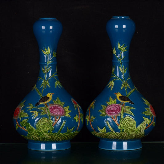 Chinese Antique Blue Glazed Pink Relief Peacock Play Peony Pattern Garlic Bottle