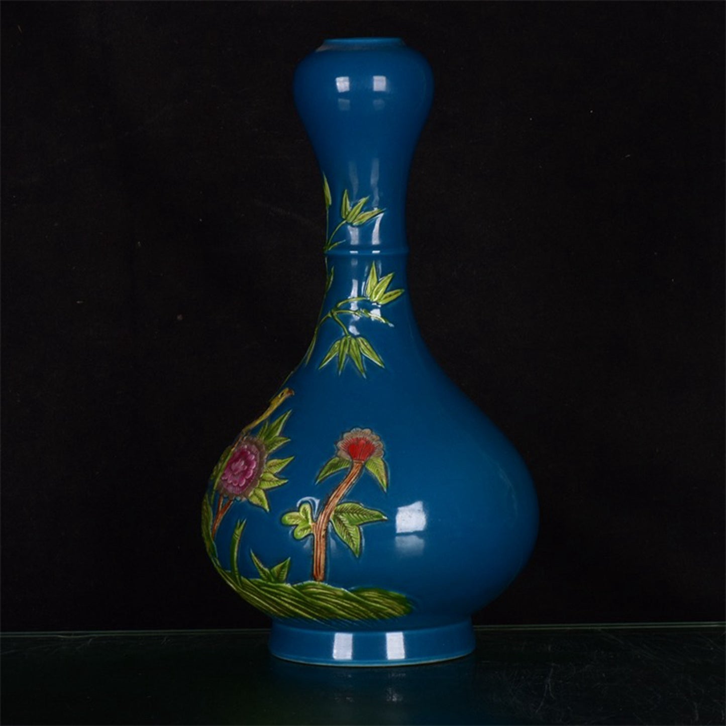 Chinese Antique Blue Glazed Pink Relief Peacock Play Peony Pattern Garlic Bottle