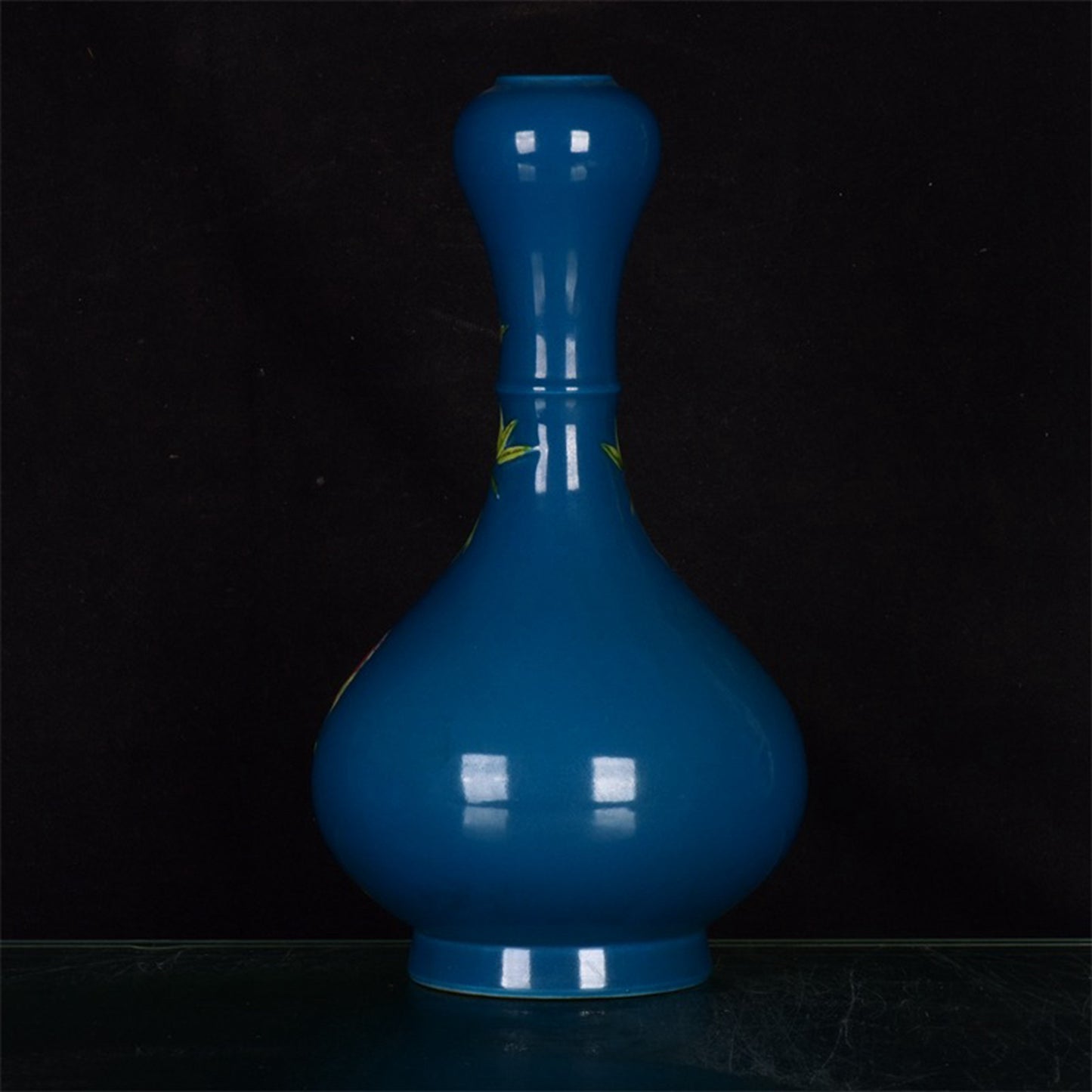 Chinese Antique Blue Glazed Pink Relief Peacock Play Peony Pattern Garlic Bottle