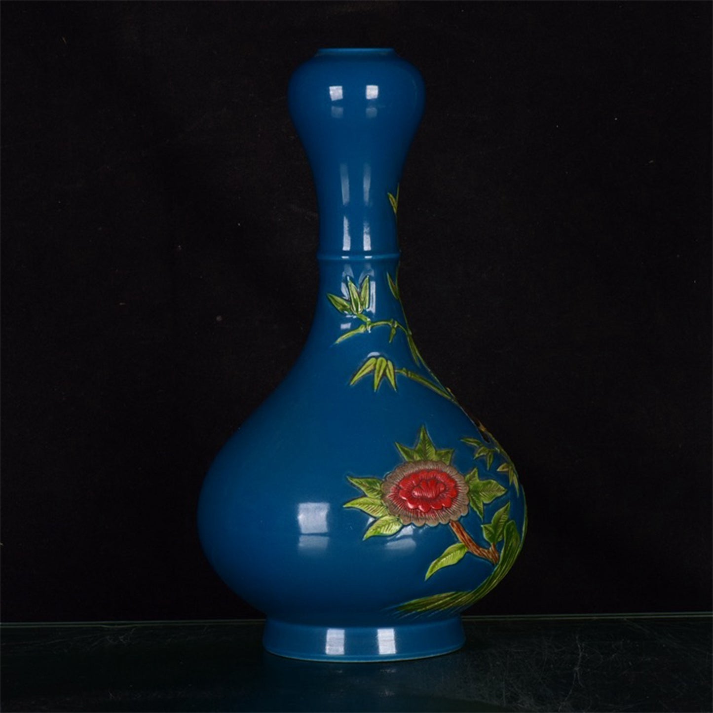 Chinese Antique Blue Glazed Pink Relief Peacock Play Peony Pattern Garlic Bottle