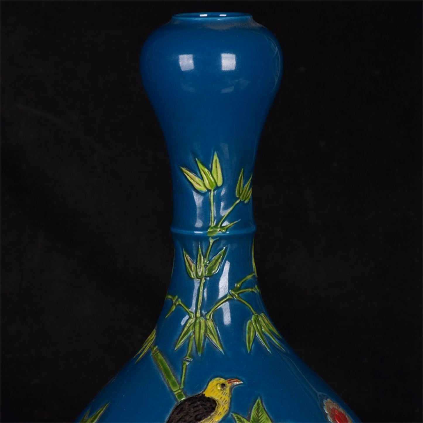 Chinese Antique Blue Glazed Pink Relief Peacock Play Peony Pattern Garlic Bottle