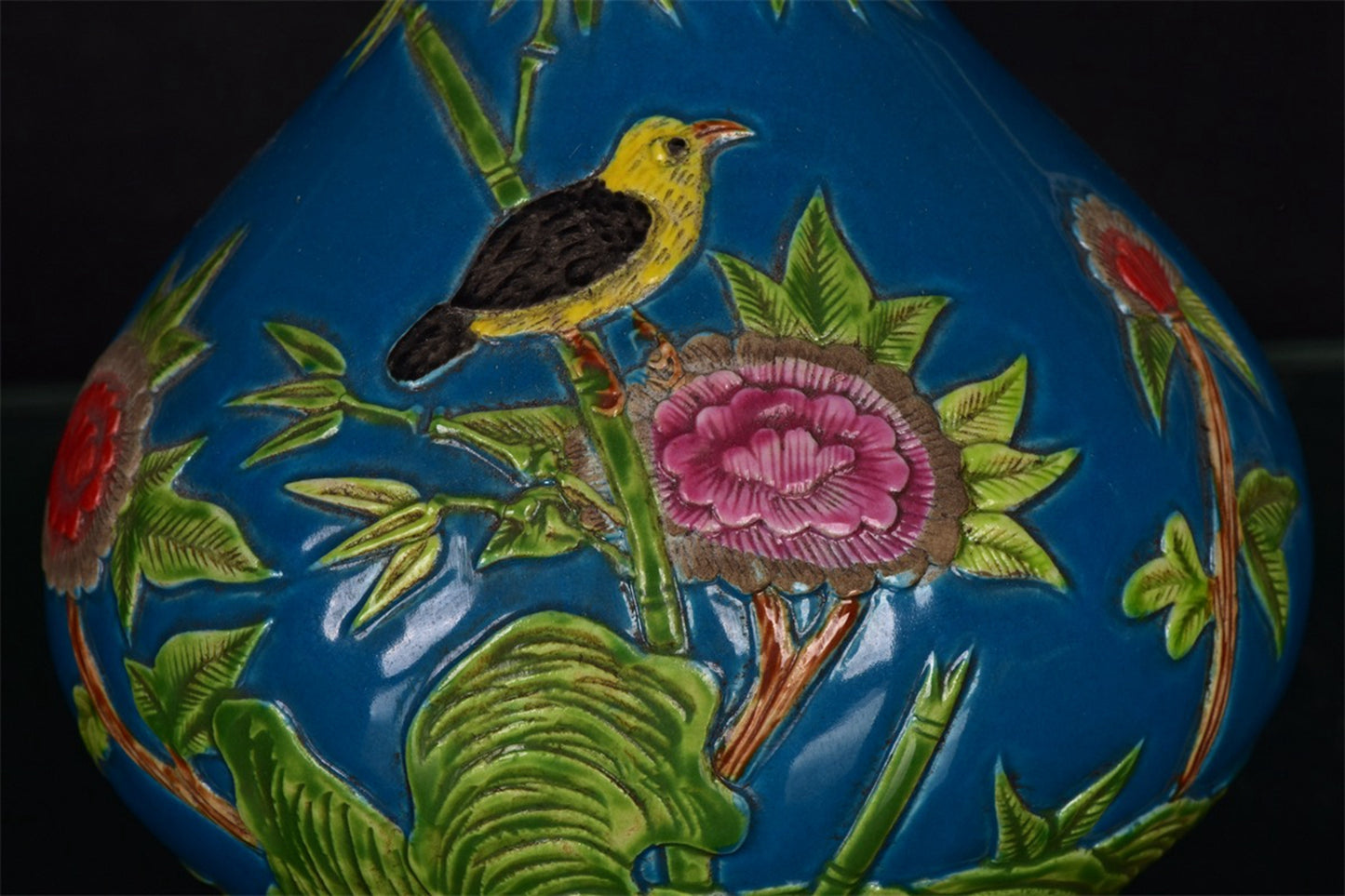 Chinese Antique Blue Glazed Pink Relief Peacock Play Peony Pattern Garlic Bottle