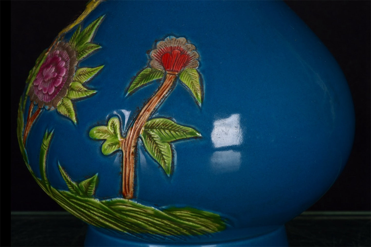 Chinese Antique Blue Glazed Pink Relief Peacock Play Peony Pattern Garlic Bottle