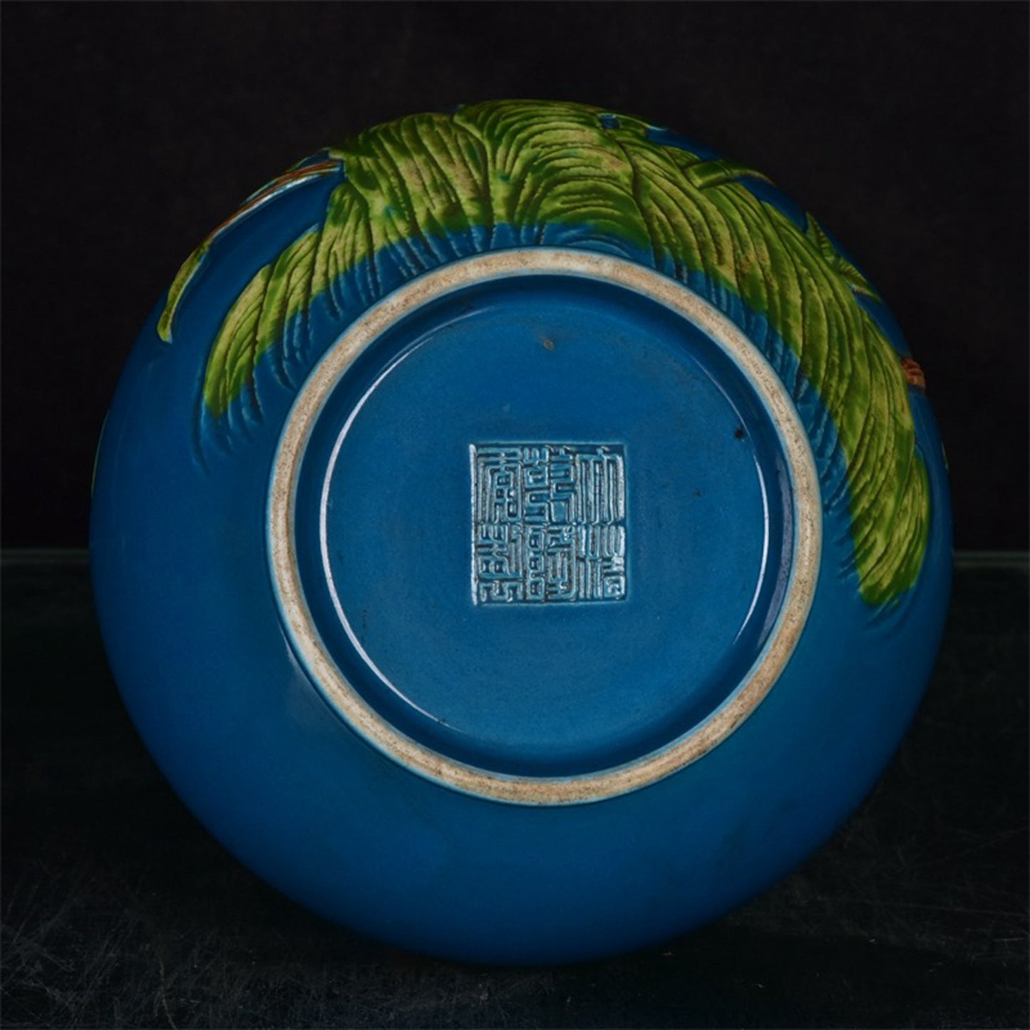 Chinese Antique Blue Glazed Pink Relief Peacock Play Peony Pattern Garlic Bottle