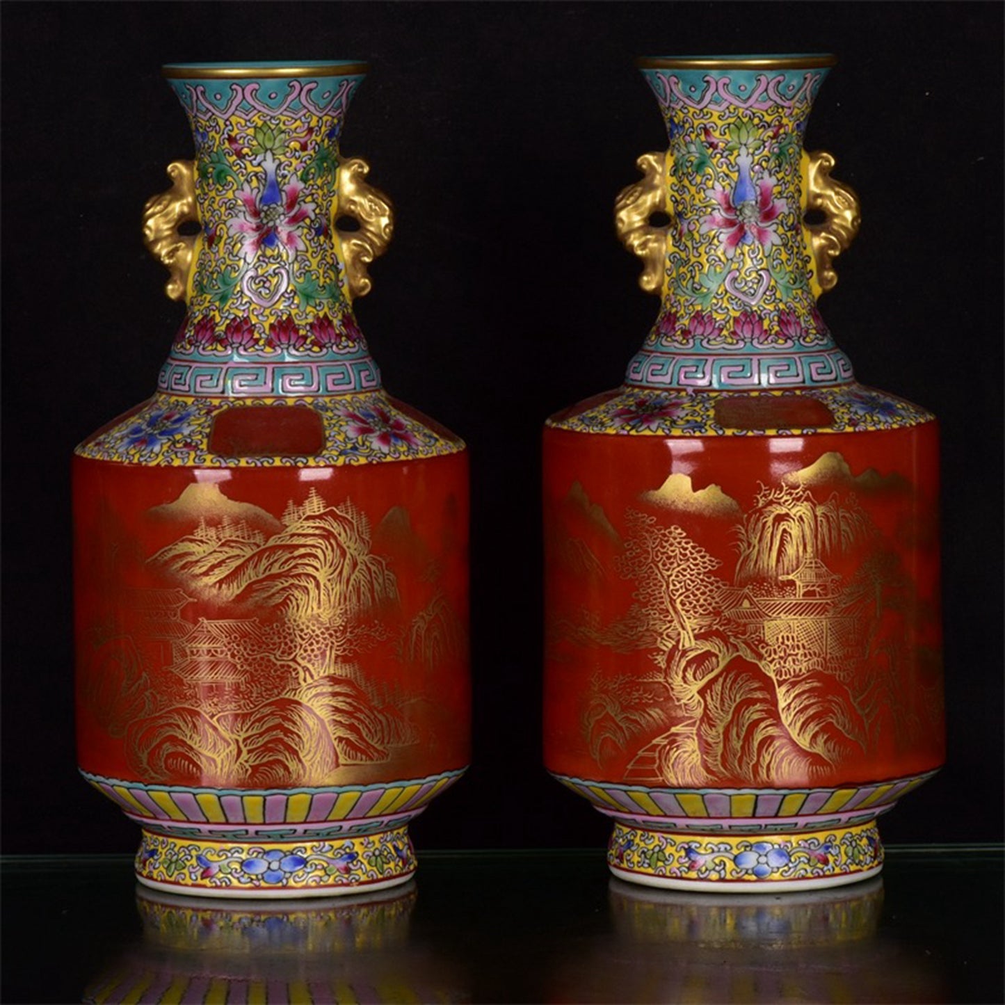 Chinese antique red glazed landscape patterned gold double eared vase