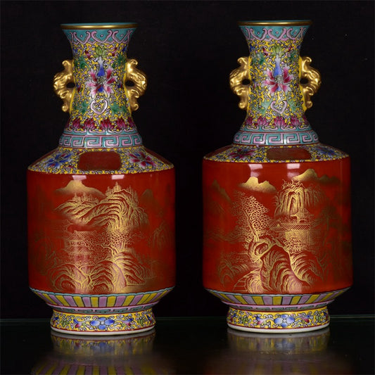 Chinese antique red glazed landscape patterned gold double eared vase