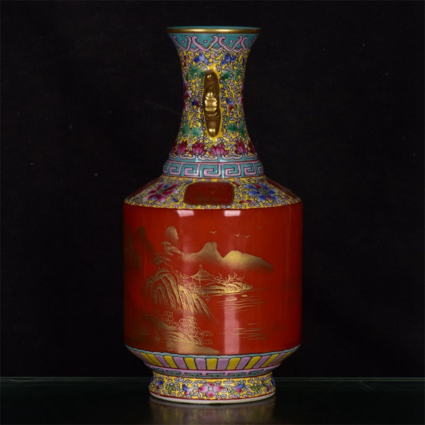 Chinese antique red glazed landscape patterned gold double eared vase