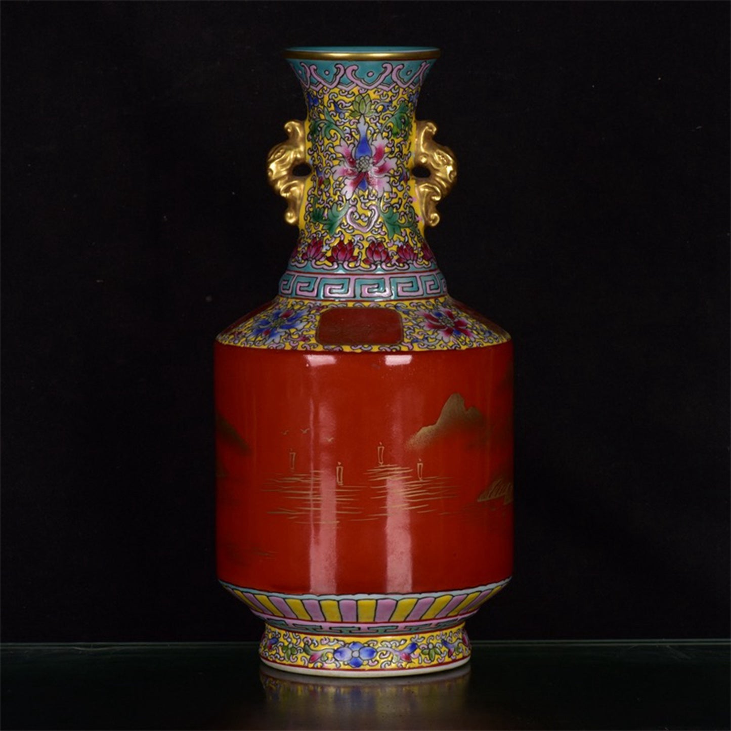 Chinese antique red glazed landscape patterned gold double eared vase