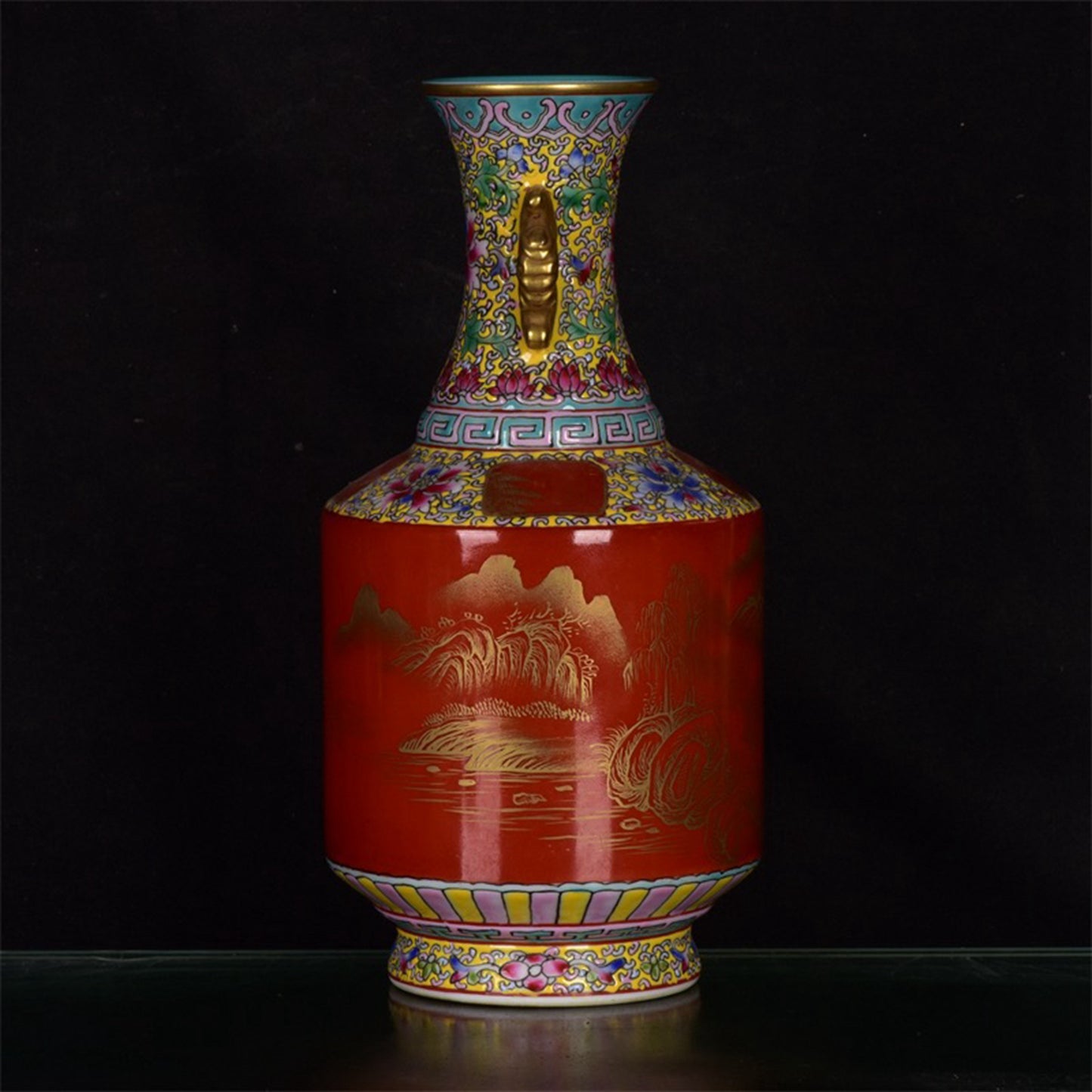 Chinese antique red glazed landscape patterned gold double eared vase
