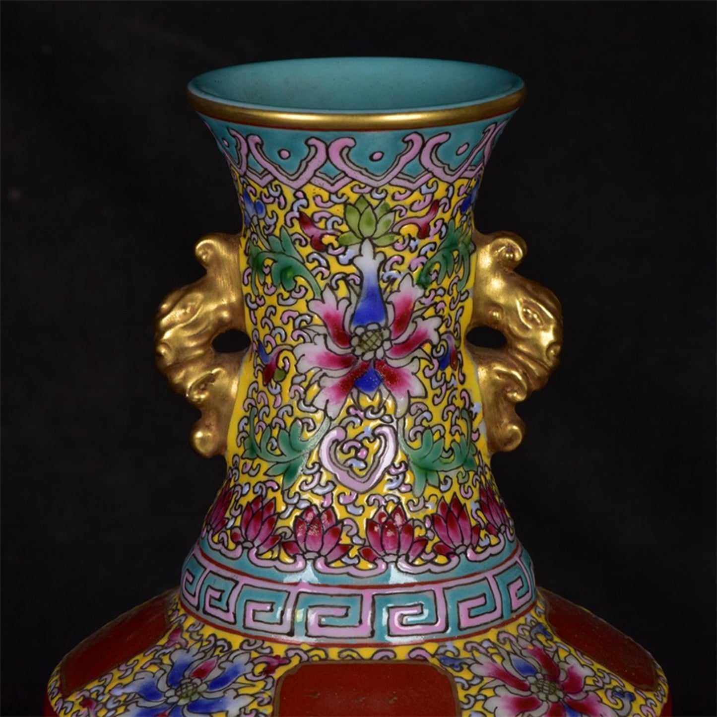 Chinese antique red glazed landscape patterned gold double eared vase