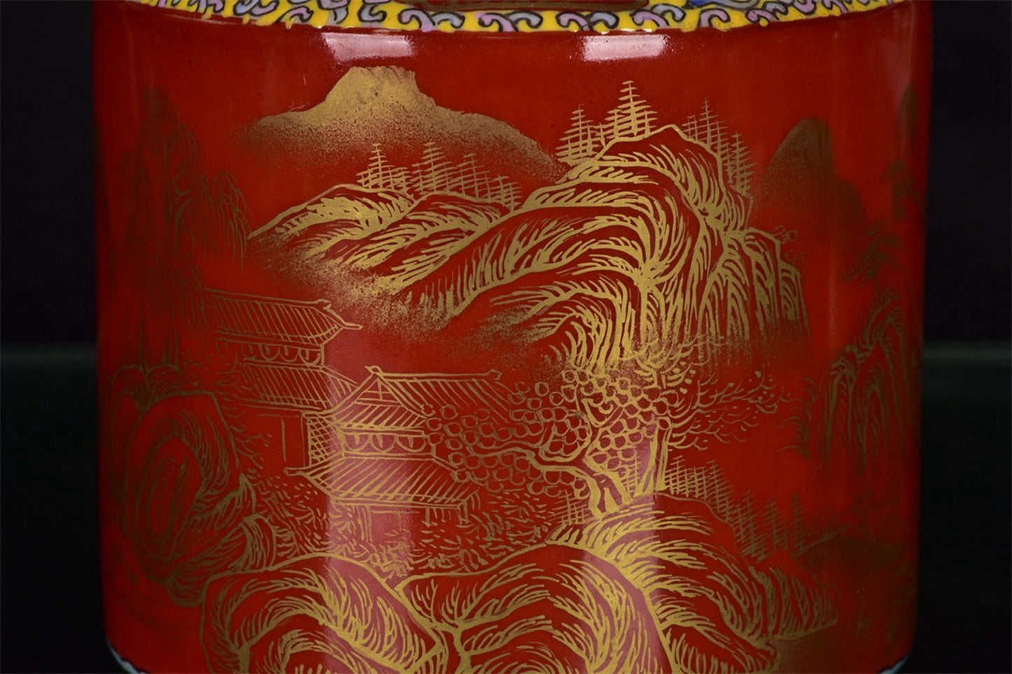 Chinese antique red glazed landscape patterned gold double eared vase