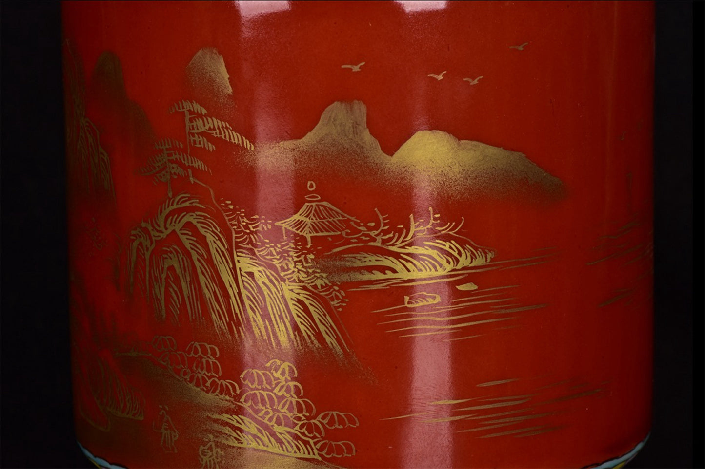 Chinese antique red glazed landscape patterned gold double eared vase