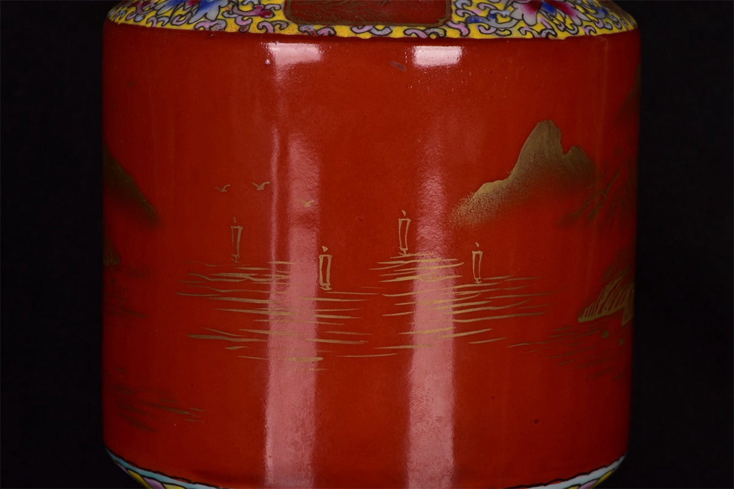 Chinese antique red glazed landscape patterned gold double eared vase