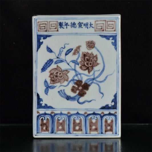Chinese antique blue and white glazed book sculptures with red floral patterns