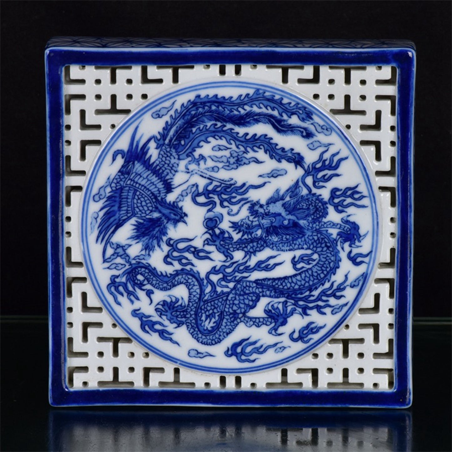 Chinese antique blue and white hollowed out dragon and phoenix auspicious pattern square tea plate