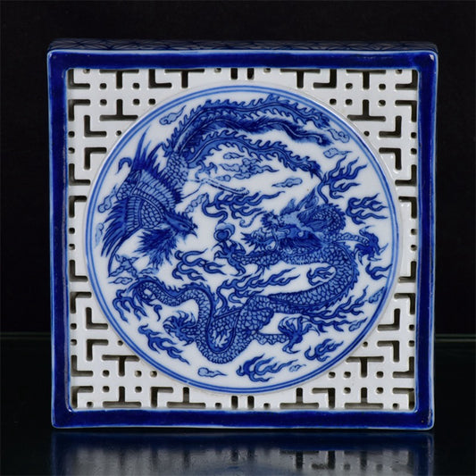 Chinese antique blue and white hollowed out dragon and phoenix auspicious pattern square tea plate
