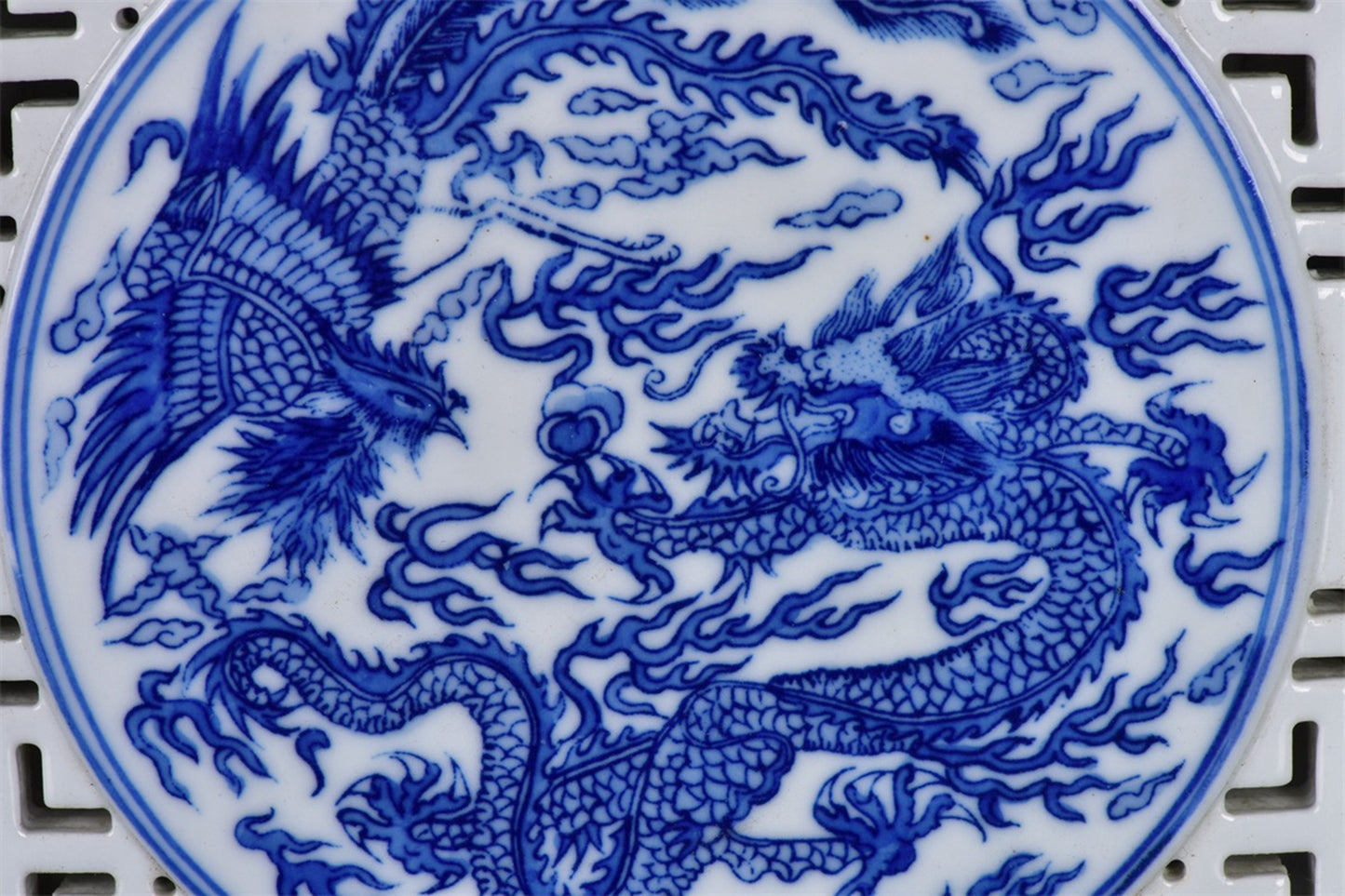 Chinese antique blue and white hollowed out dragon and phoenix auspicious pattern square tea plate