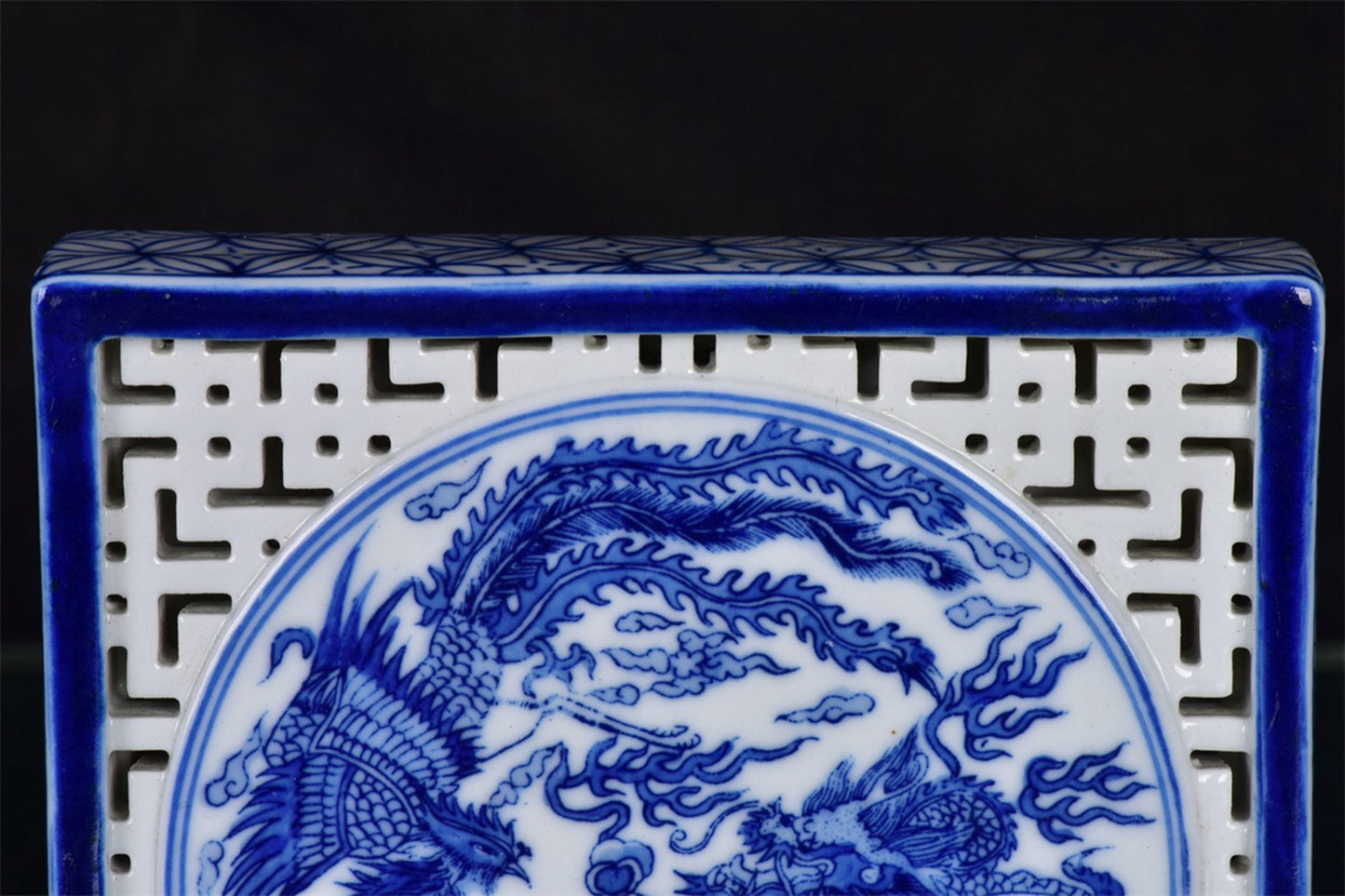 Chinese antique blue and white hollowed out dragon and phoenix auspicious pattern square tea plate