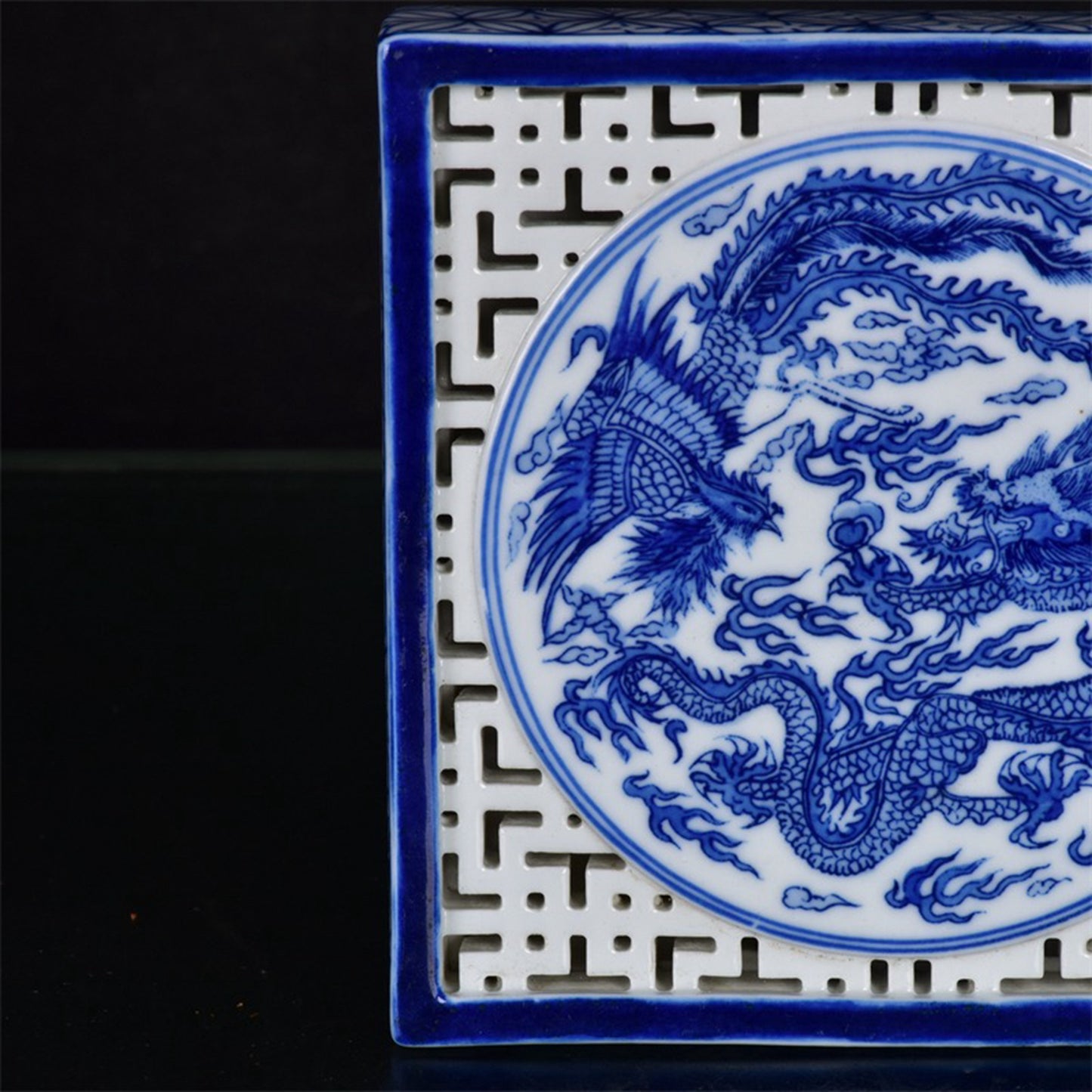 Chinese antique blue and white hollowed out dragon and phoenix auspicious pattern square tea plate