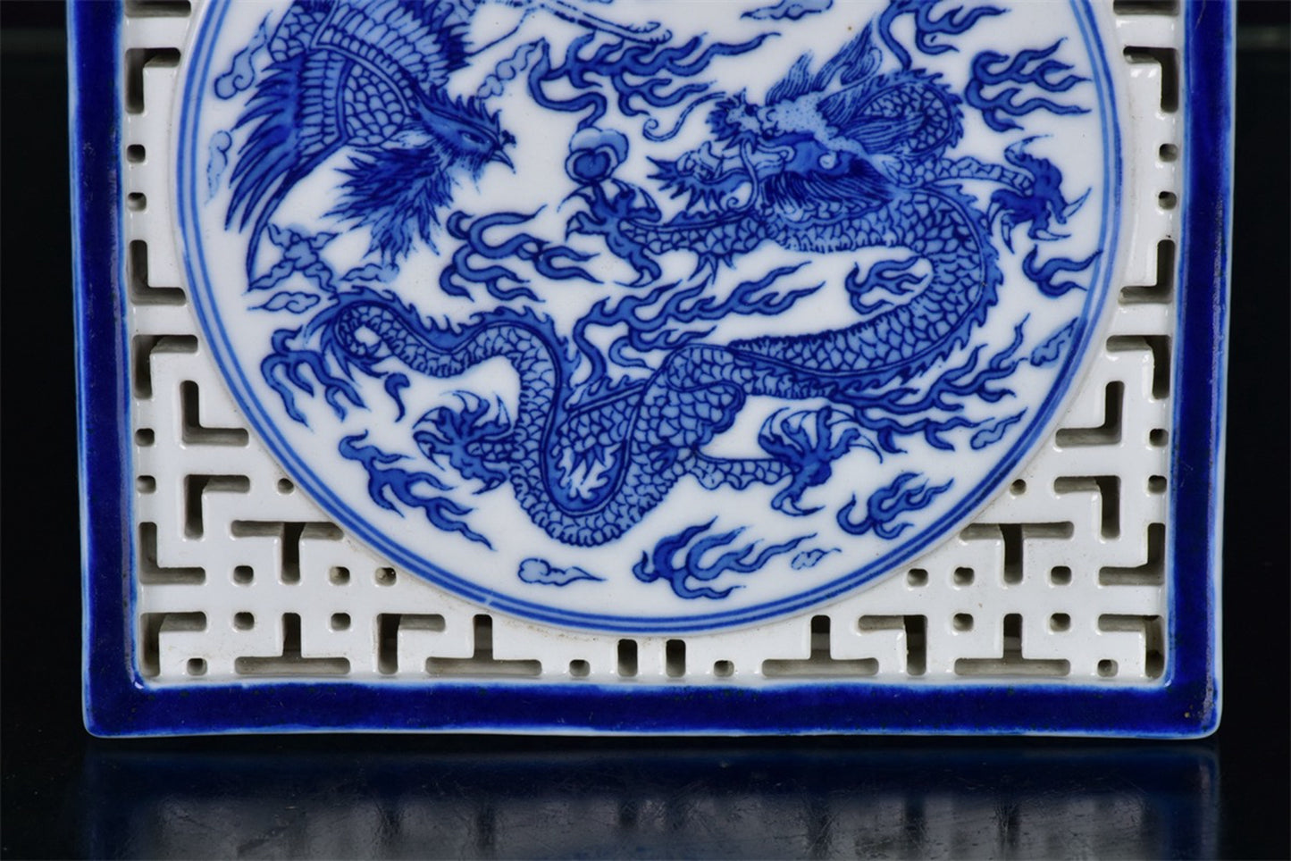 Chinese antique blue and white hollowed out dragon and phoenix auspicious pattern square tea plate