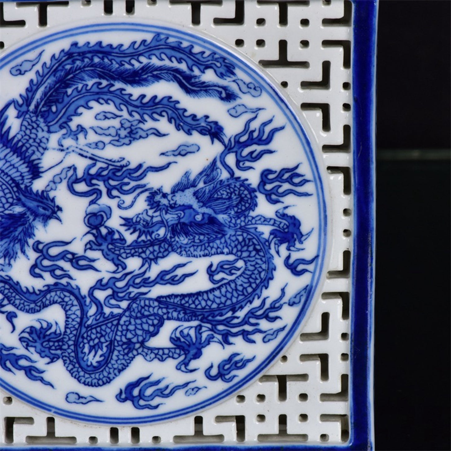 Chinese antique blue and white hollowed out dragon and phoenix auspicious pattern square tea plate