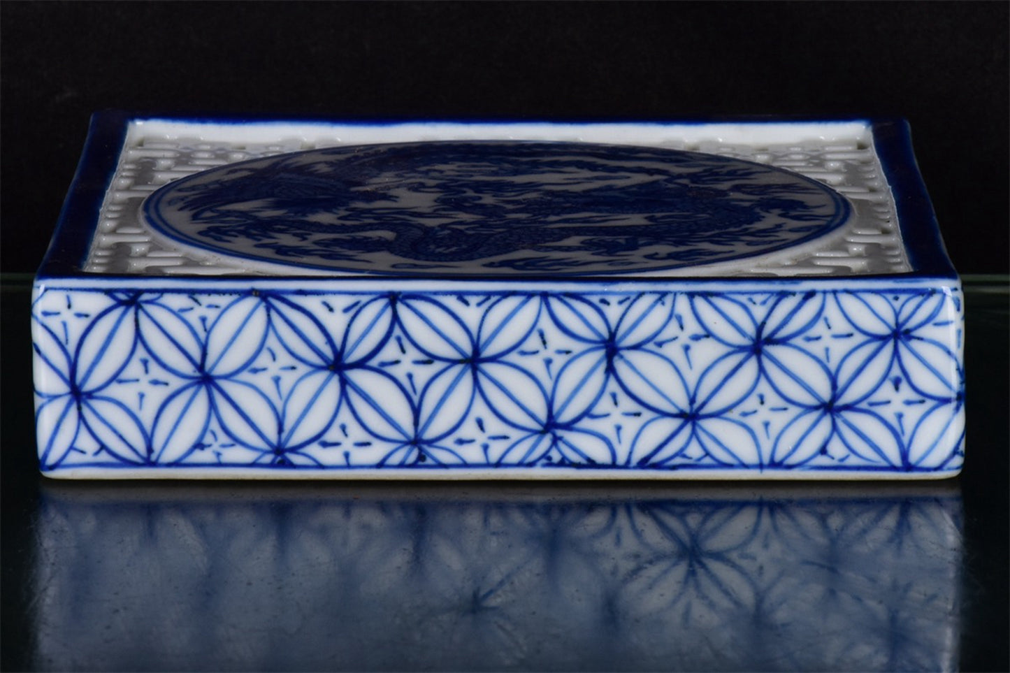 Chinese antique blue and white hollowed out dragon and phoenix auspicious pattern square tea plate