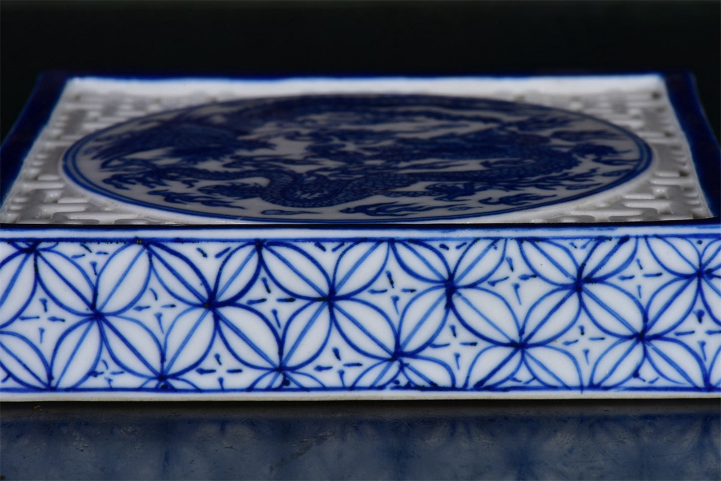 Chinese antique blue and white hollowed out dragon and phoenix auspicious pattern square tea plate