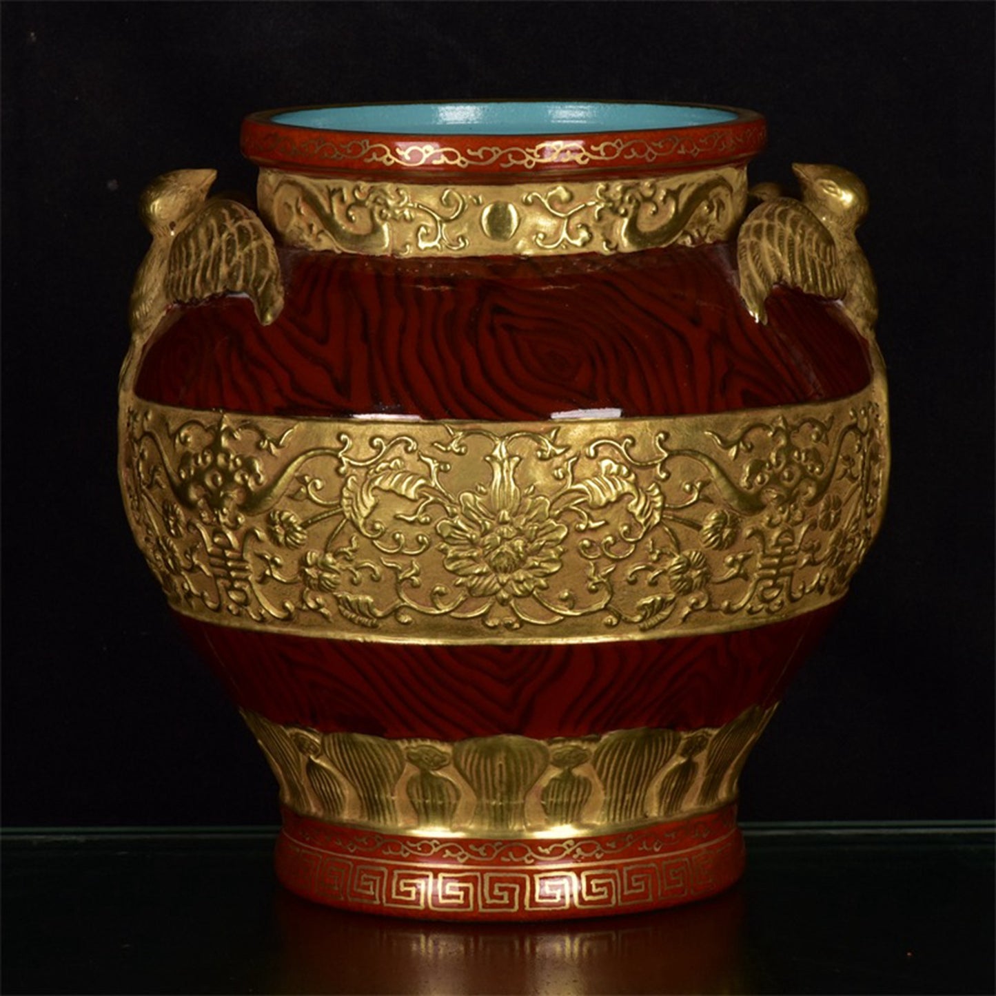 Chinese antique woodgrain relief gold-plated swallow jar