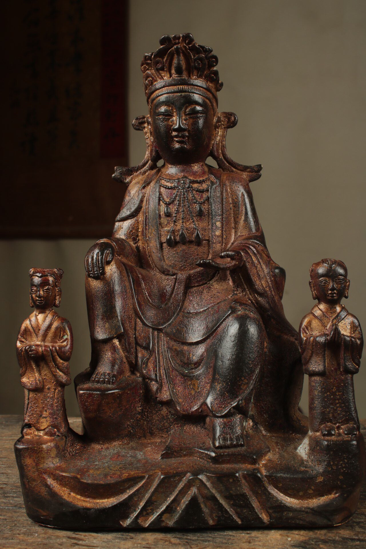 Chinese antique pure copper Guanyin two disciples