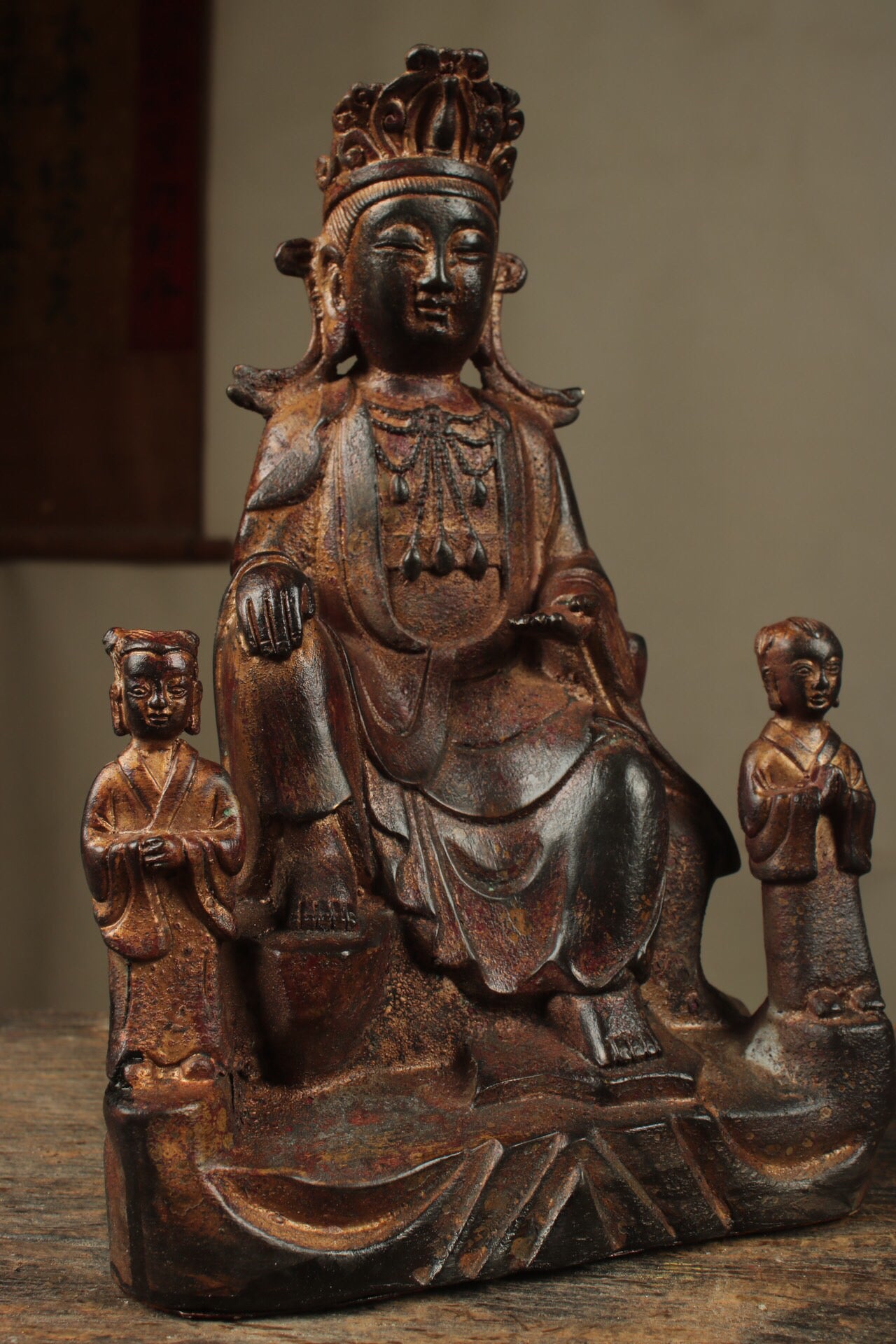 Chinese antique pure copper Guanyin two disciples