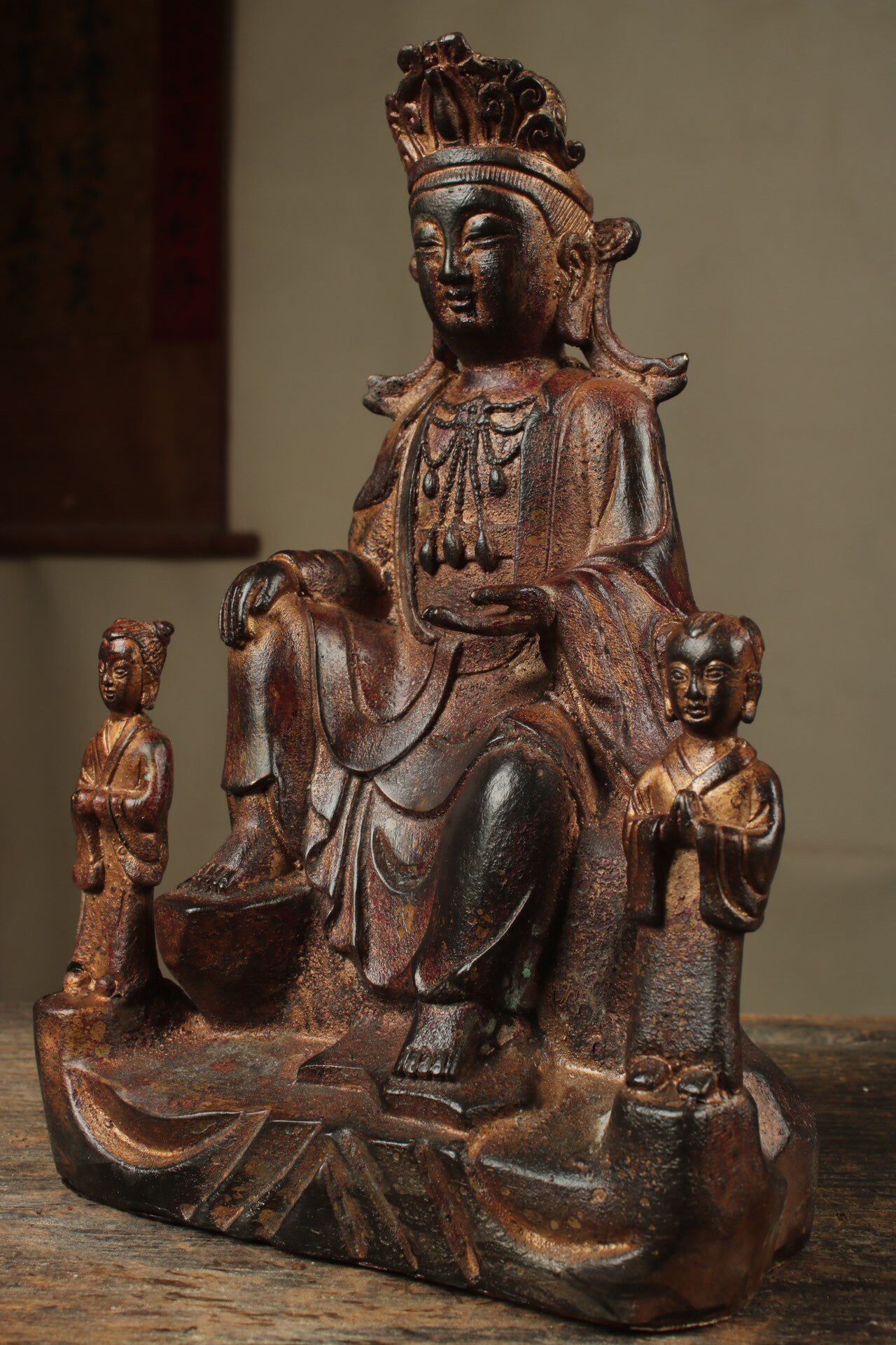 Chinese antique pure copper Guanyin two disciples