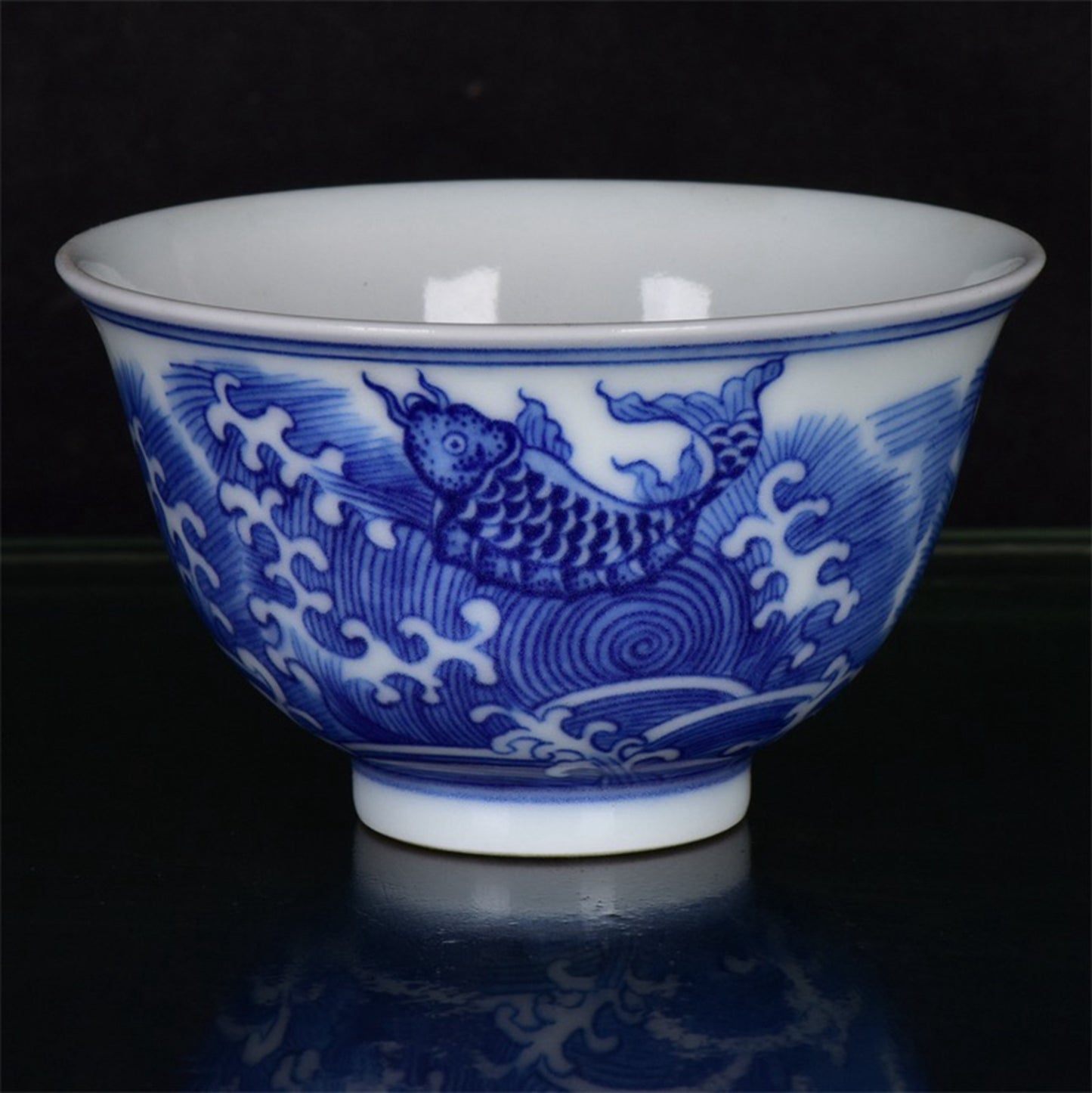 Chinese Antique Blue and White Carp Jumping Dragon Gate Cup