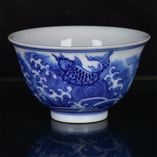 Chinese Antique Blue and White Carp Jumping Dragon Gate Cup