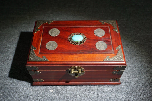 Chinese antique rosewood inlaid silver dollar jewelry box