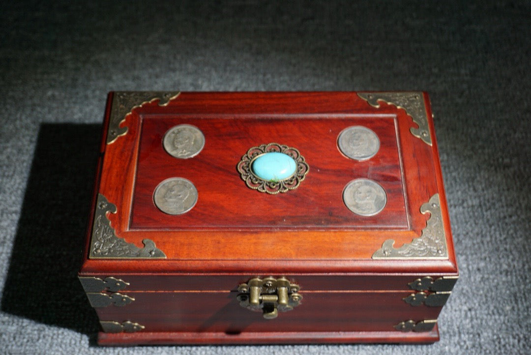 Chinese antique rosewood inlaid silver dollar jewelry box