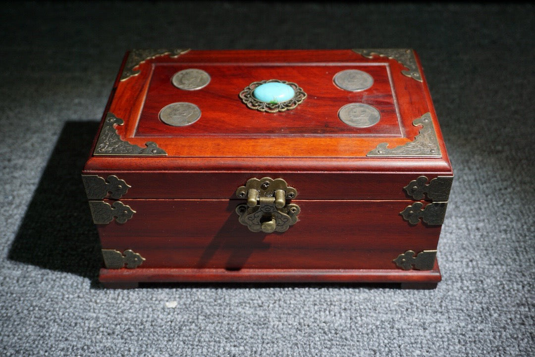Chinese antique rosewood inlaid silver dollar jewelry box