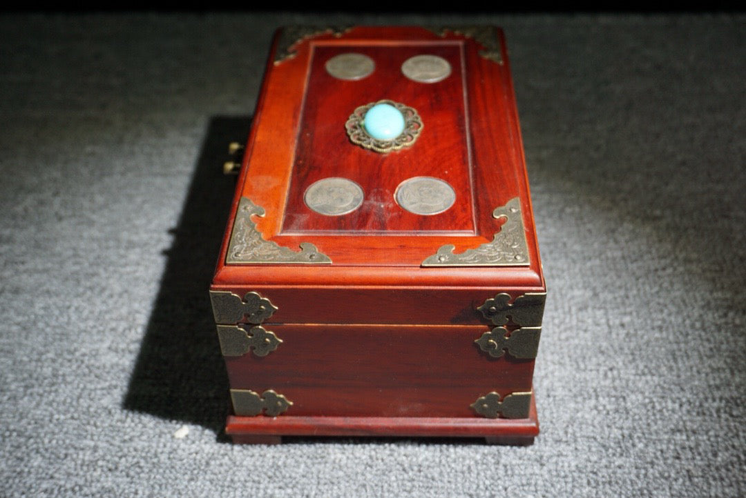 Chinese antique rosewood inlaid silver dollar jewelry box