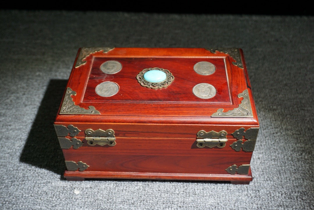 Chinese antique rosewood inlaid silver dollar jewelry box