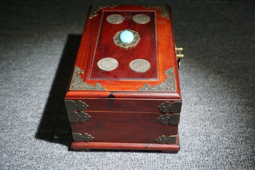 Chinese antique rosewood inlaid silver dollar jewelry box