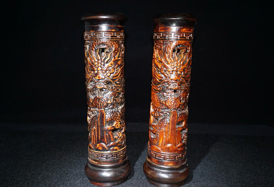 A pair of Chinese antique rosewood incense tubes