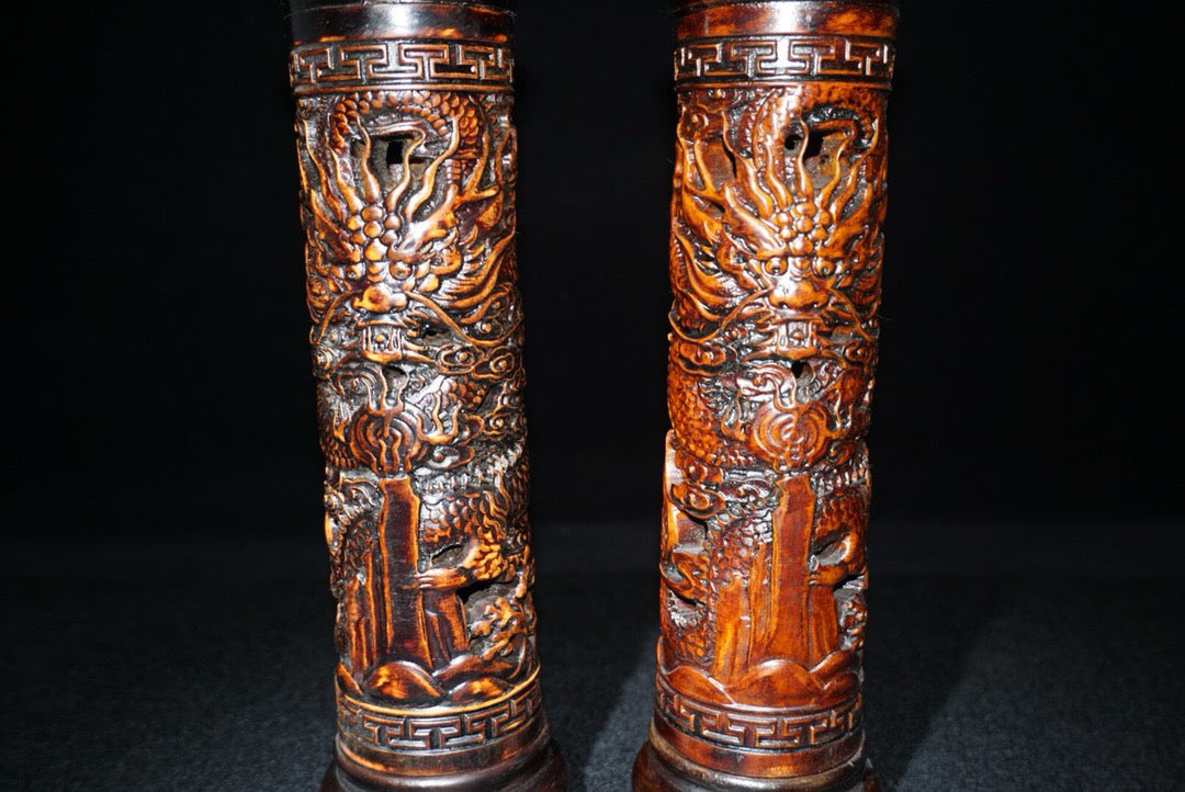 A pair of Chinese antique rosewood incense tubes