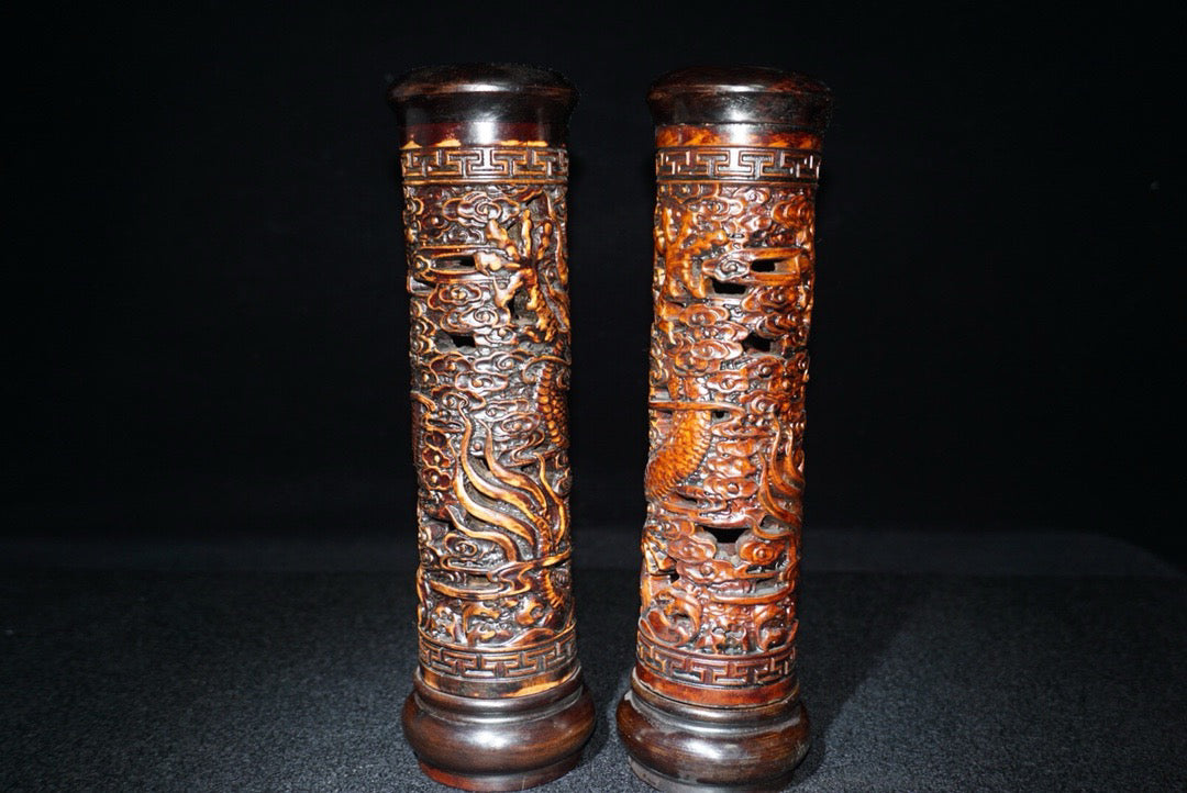 A pair of Chinese antique rosewood incense tubes