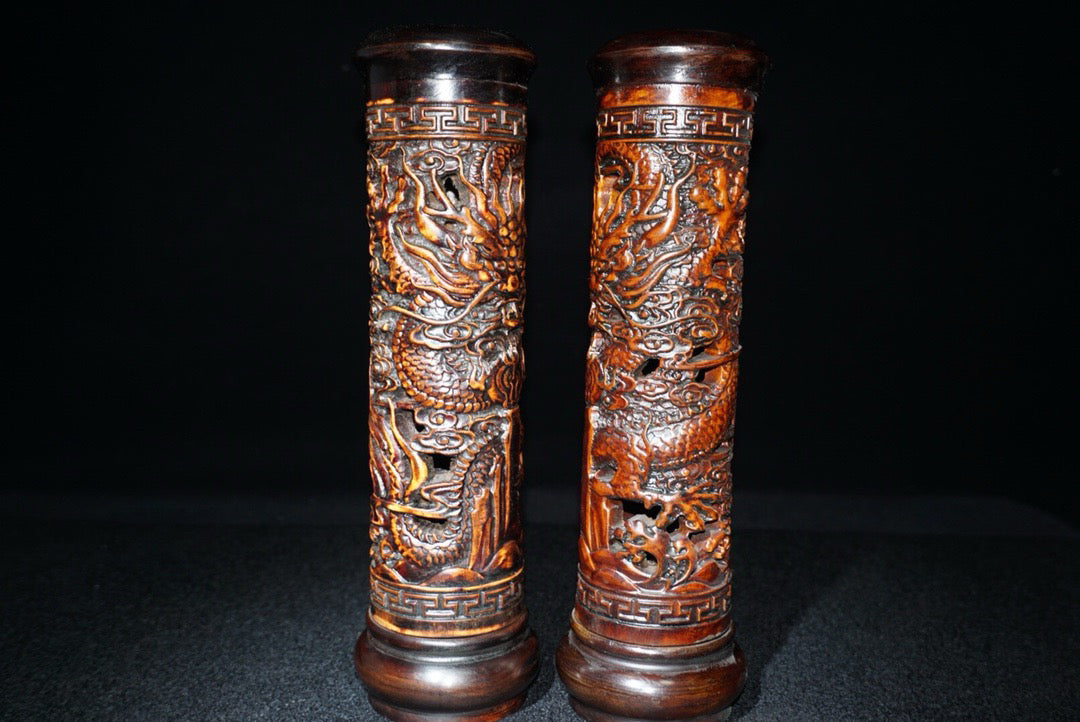 A pair of Chinese antique rosewood incense tubes