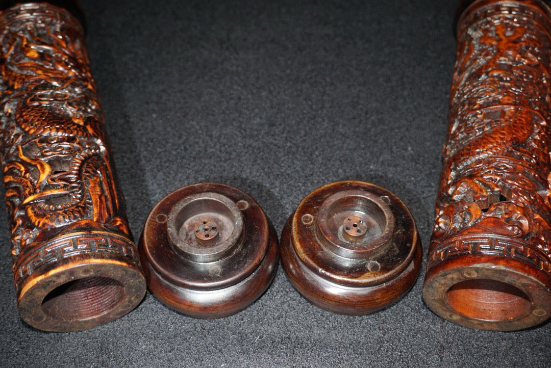 A pair of Chinese antique rosewood incense tubes