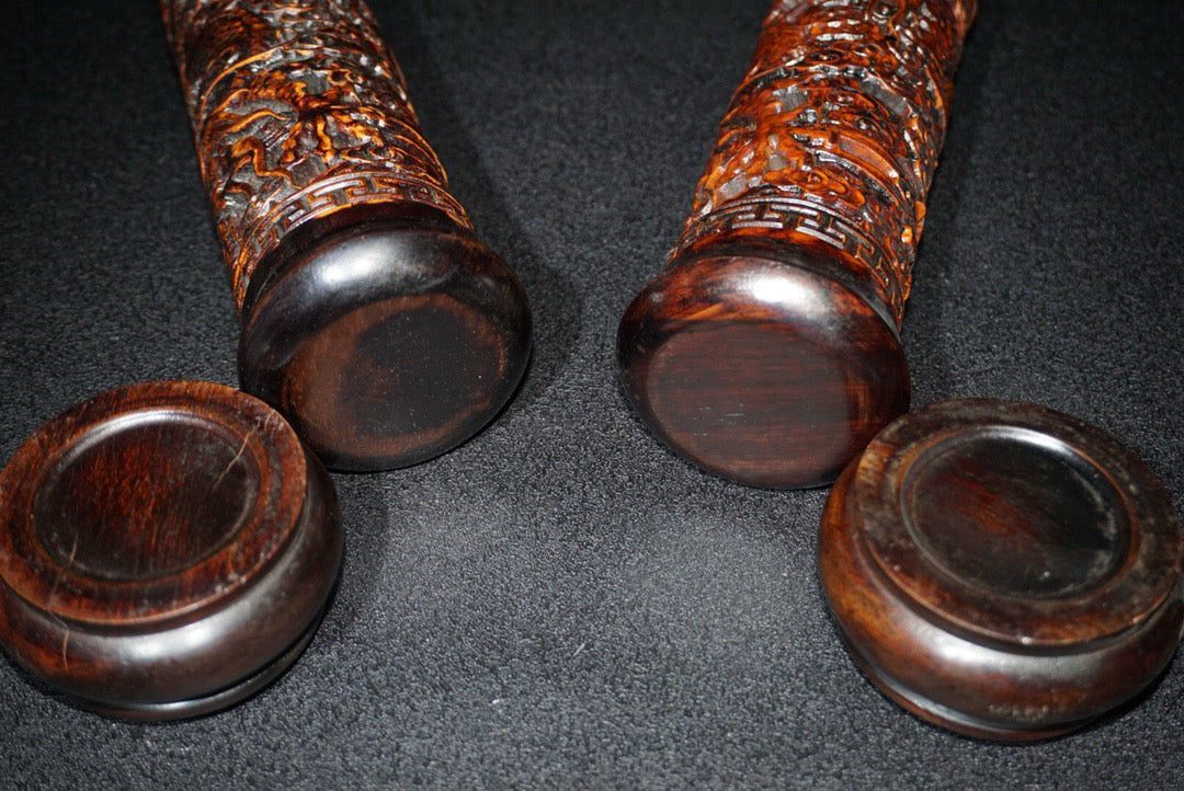 A pair of Chinese antique rosewood incense tubes