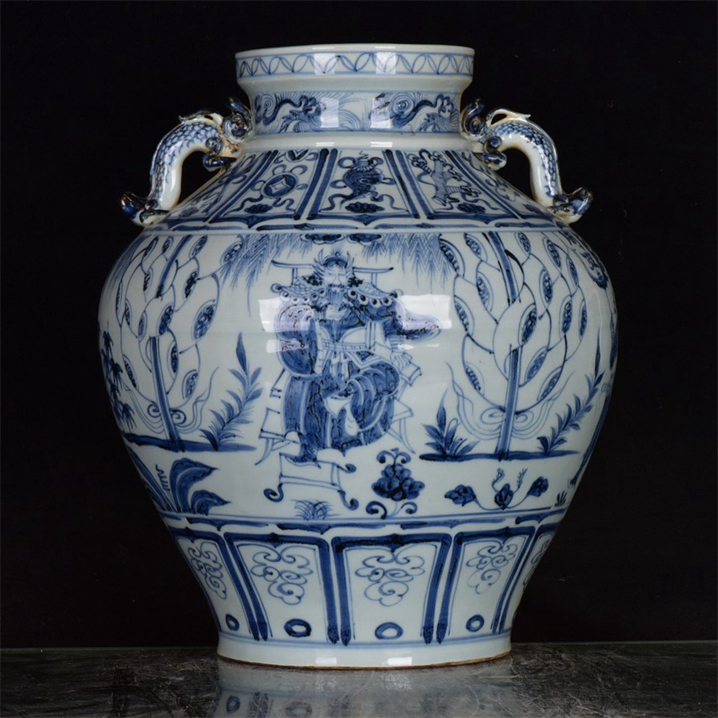 Chinese Antique Blue and White Zhou Yafu Xiliuying Double Ear Pan Mouth Jar