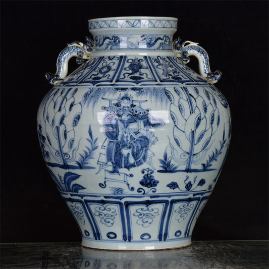 Chinese Antique Blue and White Zhou Yafu Xiliuying Double Ear Pan Mouth Jar