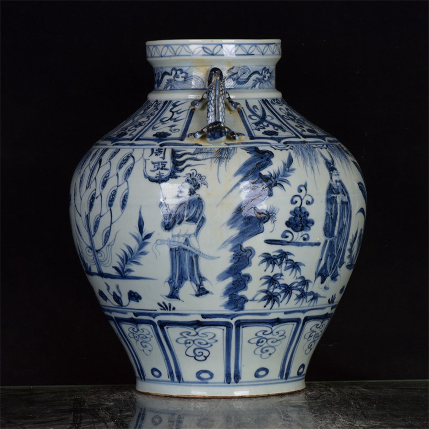 Chinese Antique Blue and White Zhou Yafu Xiliuying Double Ear Pan Mouth Jar