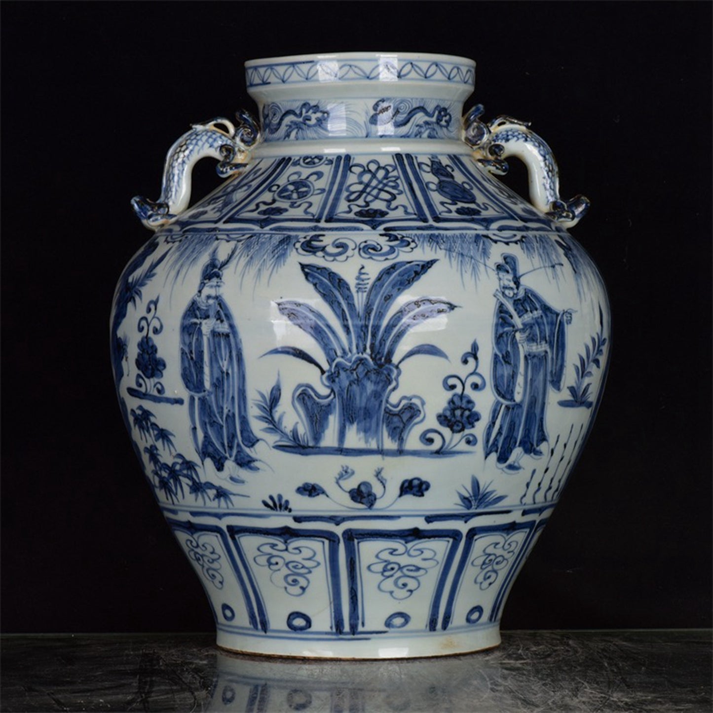 Chinese Antique Blue and White Zhou Yafu Xiliuying Double Ear Pan Mouth Jar